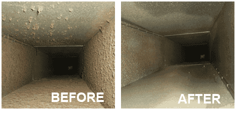 A before and after showing an air duct prior to cleaning and after cleaning