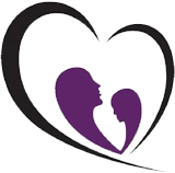 A black heart outline with two purple silhouettes of women facing each other